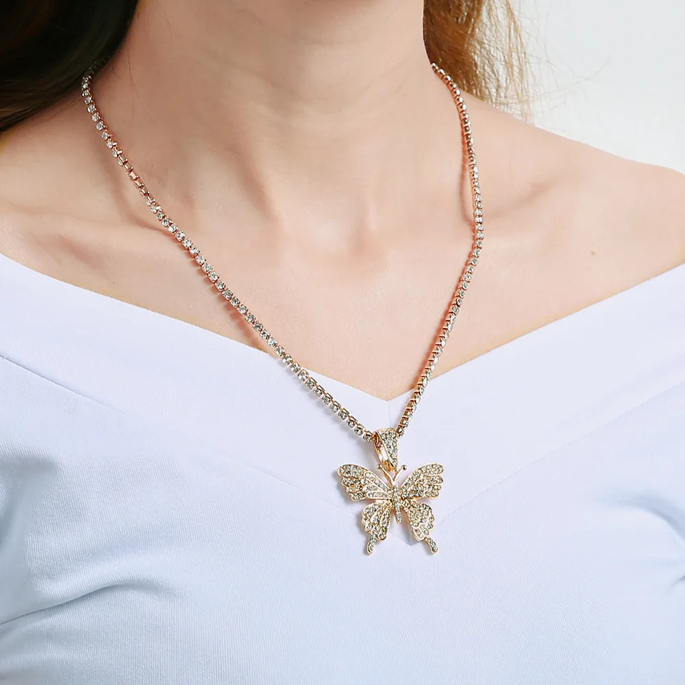 

Fashion Necklace Butterfly Crystal Rhinestone Girl Pendant Necklace Chain for Women