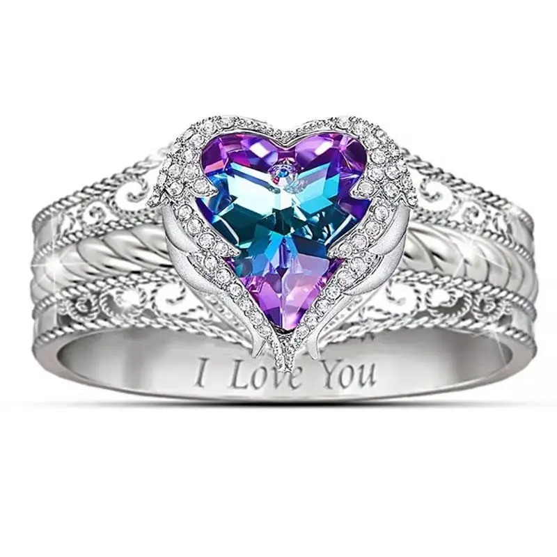 

New Fashion Heart Shaped Amethyst I Love You Engagement Ladies Ring