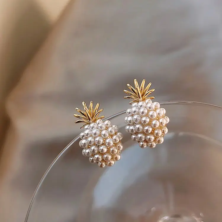 

Fashion Korea Style Lady Party Wedding Gift Pineapple Pearl Sliver 925 Stud Earrings For Women, As picture