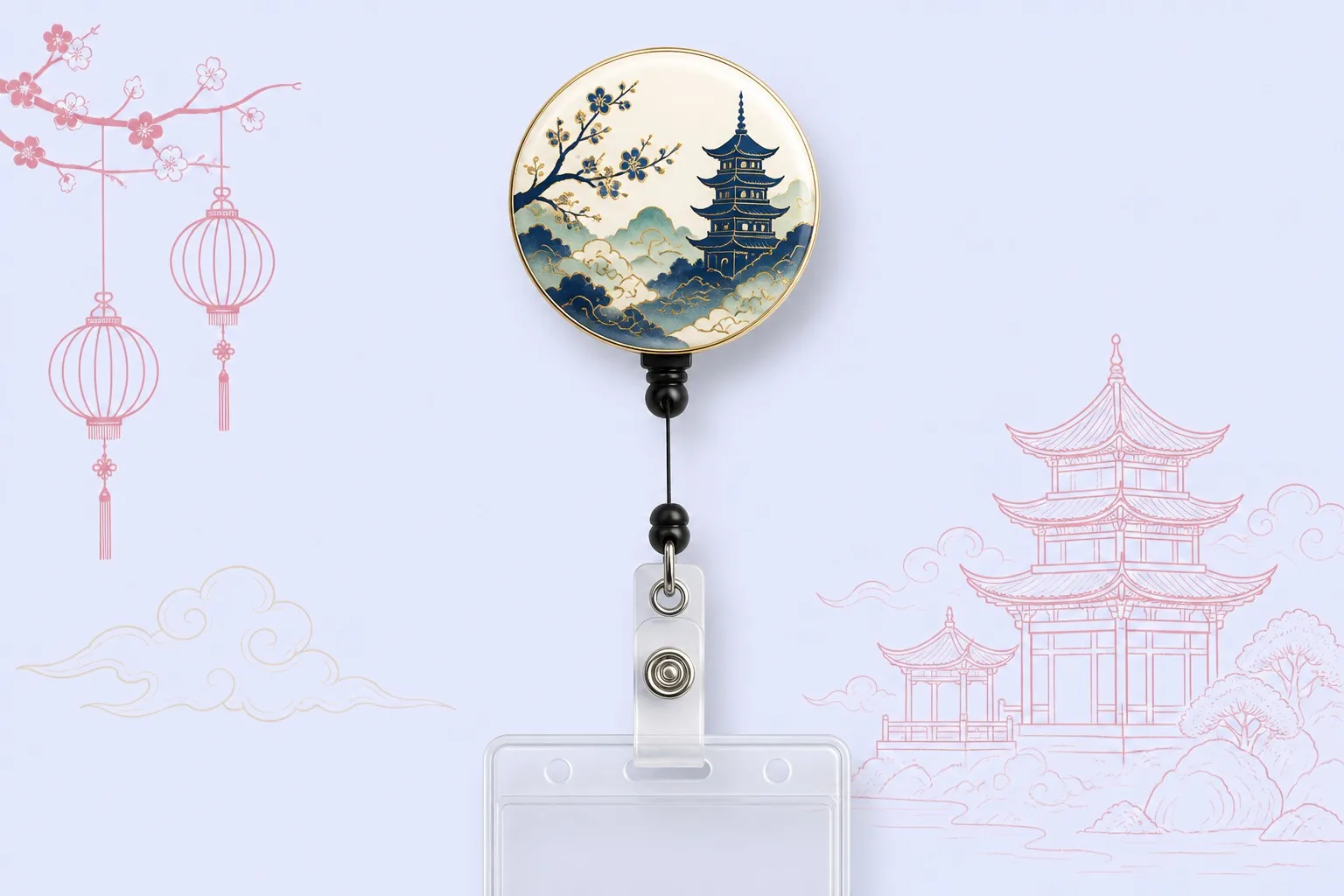 Badge reel with lantern and pagoda line-art background