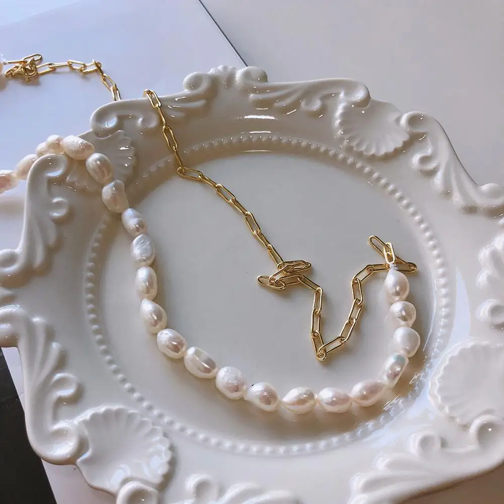 Fashion Long Natural Pearl Necklace Baroque Pearl 18K Gold Chain Freshwater Pearl Necklace