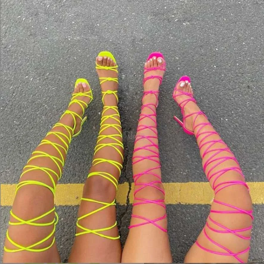 

Roman Fashion Stiletto Over Knee Thigh High Pink Lace up Heels for Women, Black, white, yellow, pink