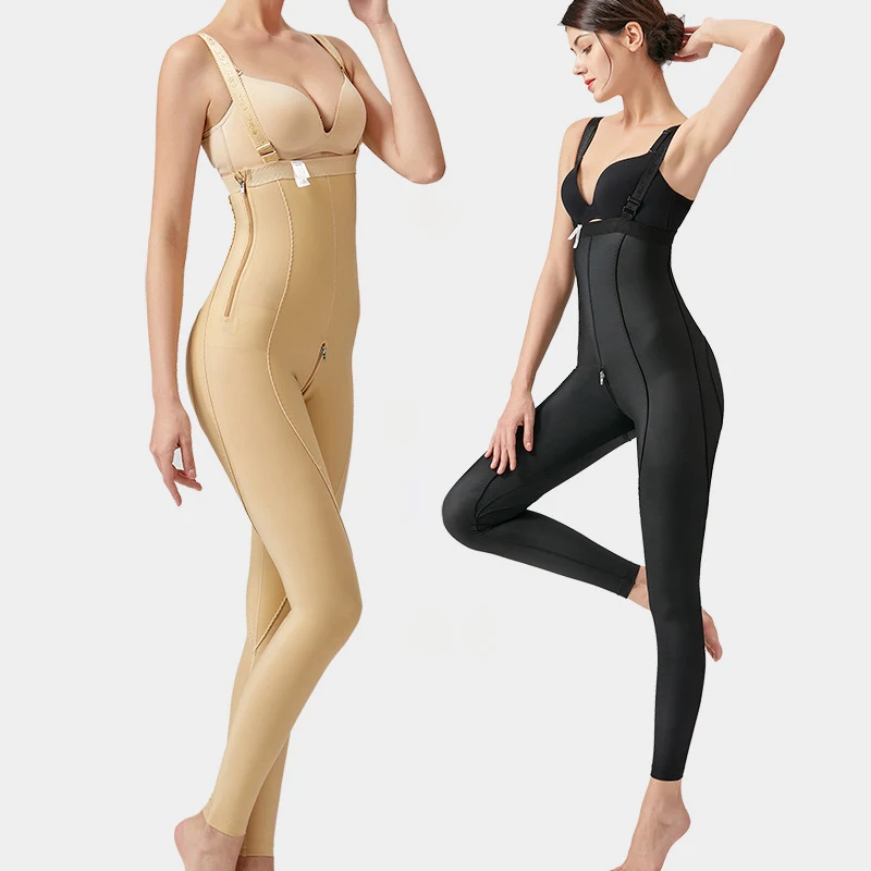 

Wholesale seamless medical fabric strap design full body shaper compression garment bodysuit for liposuction, Nude, black