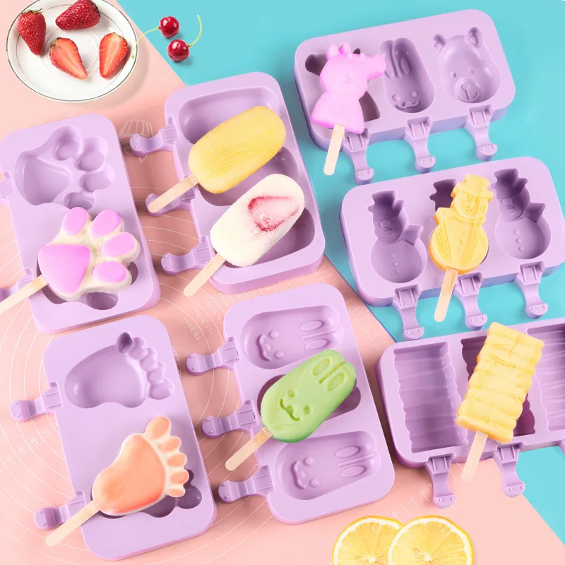 

Wholesale Children Cartoon Food Grade Silicone Three Ice Cream Mold Popsicle Tray Popsicle Mold, As shown in the figure below