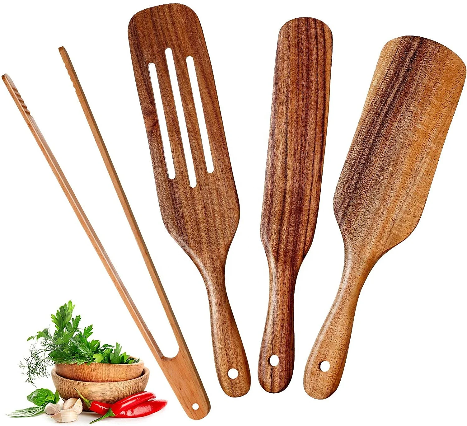 

4 Pieces Wooden Cooking Utensils Set Teak Kitchen Wood Cookware Set Heat Resistant Non Stick Spurtles Slotted