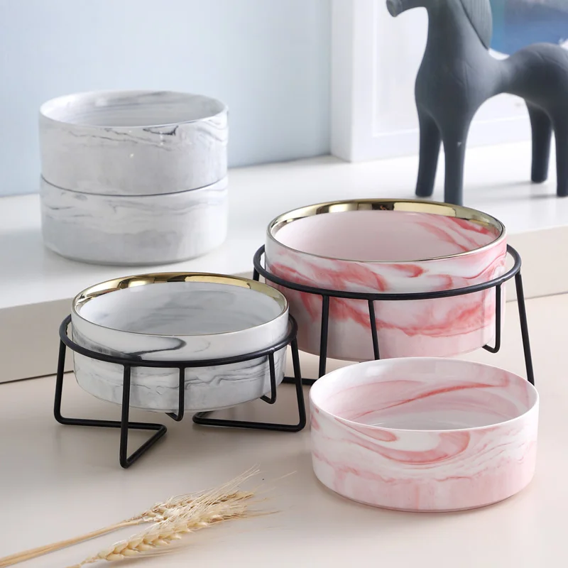 

Wholesale Biodegradable Marbling Creative Ceramics Dog Cat Food Water Portable Pet Bowl Pet Food Feeder with stand