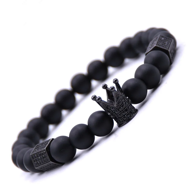 

European Fashion Men's Black Onyx Stone Crown Bracelet Micro Pave Zirconia Hexagon Column Charm Black CZ Crown Bracelet