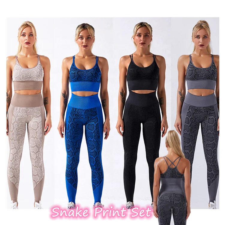 

High Quality 4 Color Two Pieces Snake Print Set Tight Fitness Crop Top Long Pants Leggings Sportswear Yoga Wear, In available