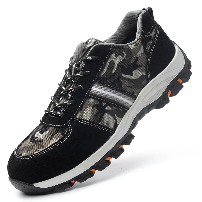 

latest cheap steel toe lightweight wear-resistant anti-skid camouflage men work safety shoes, Black