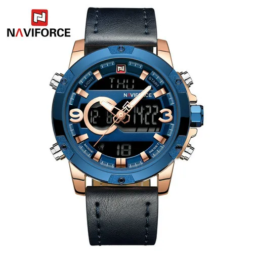 

Naviforce Brand 9097 Mens Sports Casual Leather strap Luminous Multi-function Japan Movement Electronic Wrist Watch