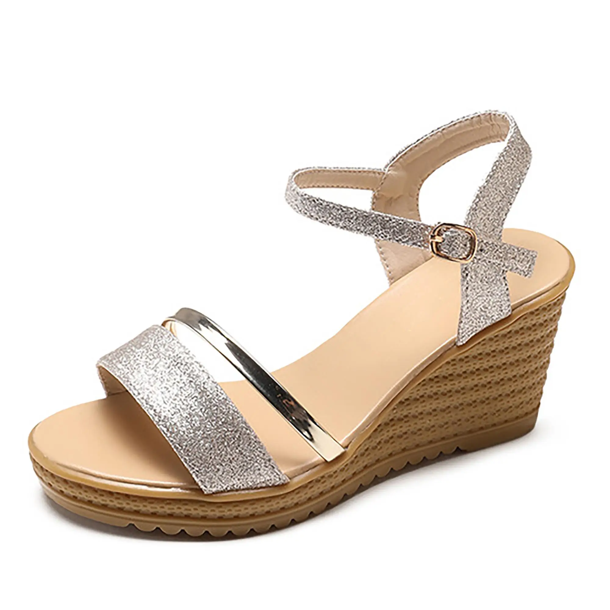 

Hot Sale Bulk Wedge Heel Shining Ankle Strap Buckle Strap Ladies Shoes Non-slip Platform Sandals For Women Wholesale