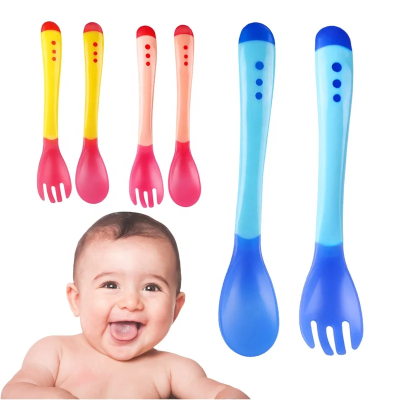 

2 Pieces Silicone Baby Spoon Fork Set Silicone Rubber Spoon Baby feeding Spoon, Red/blue/yellow