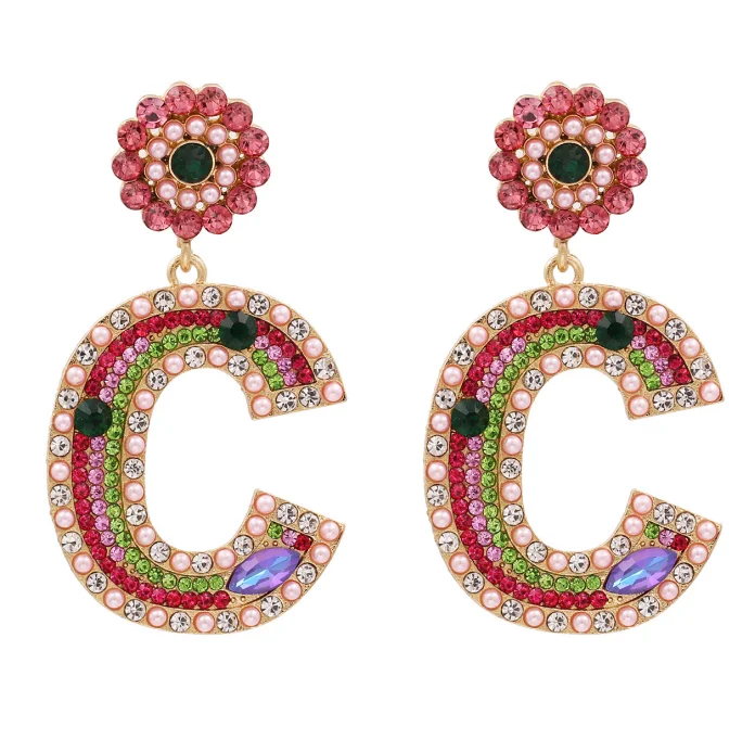 

C Letter Earrings Women Brand Logo Design Gold Letter Full Color Crystal Diamond Drop Big Luxury G Earring C Women Jewelry Sets