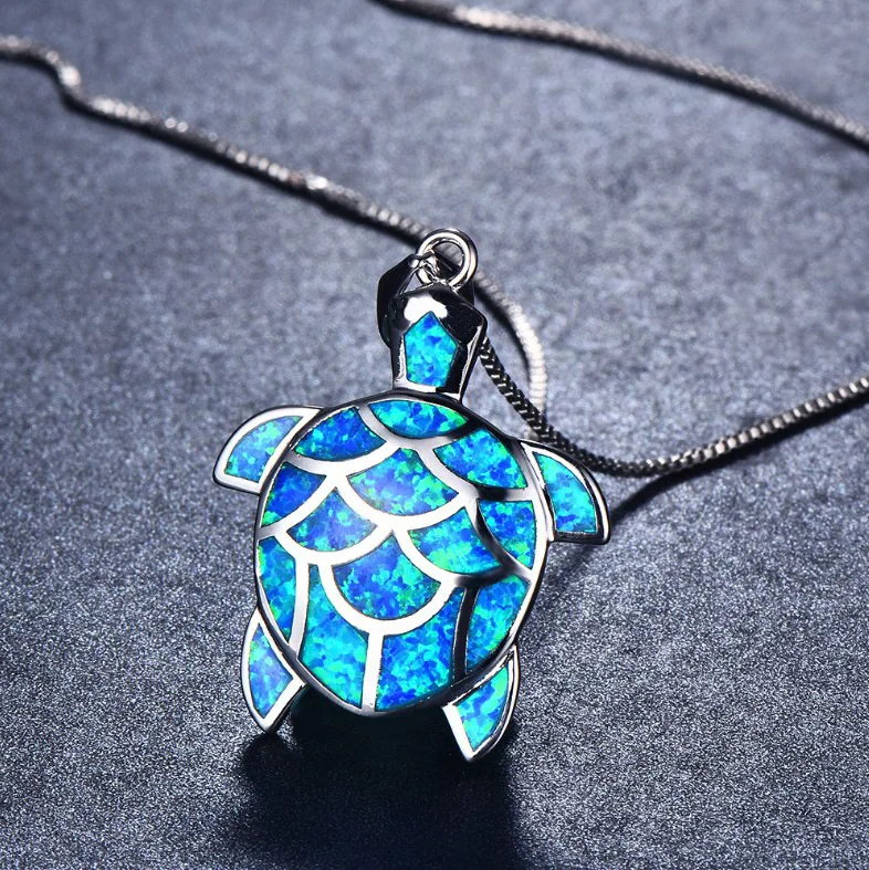 

Fancy Birthstone Birthday Christmas Gifts Simple Animal Pendant Necklace Jewelry Women Girls Blue Opal Sea Turtle Necklace, As picture show