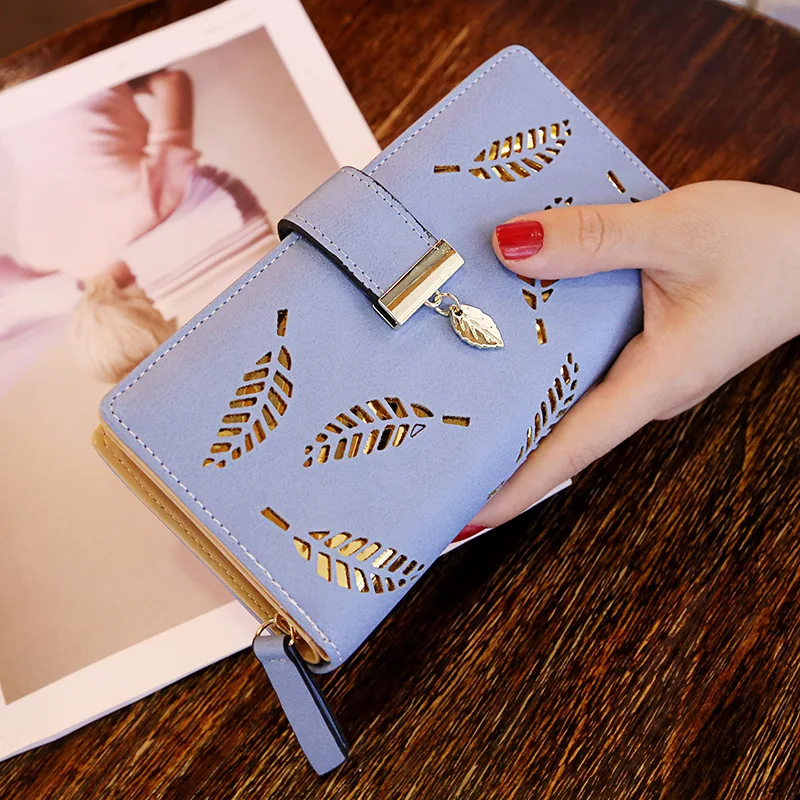 

Fashion Designer Wallet Leather Long Gold Plated Leaf Button Decoration Wallet Womens Quality Ladies Hand Pouch Card Holder, Customize