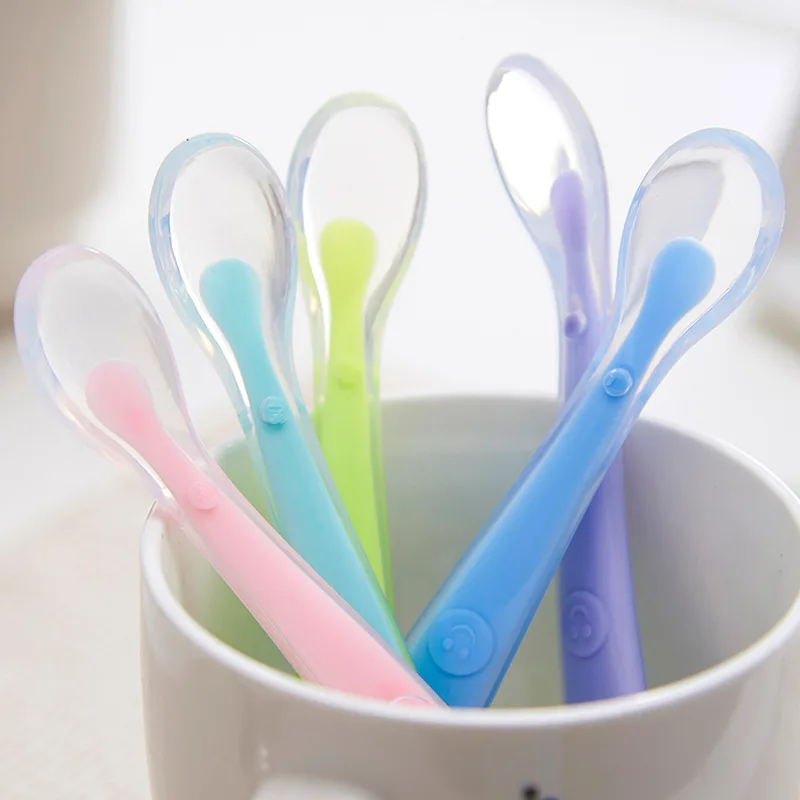 

Children Safety Infant Silicone Serving Spoon Newborn Feeding Heat Sensitive Baby Spoon For Baby Feeding, Transparent