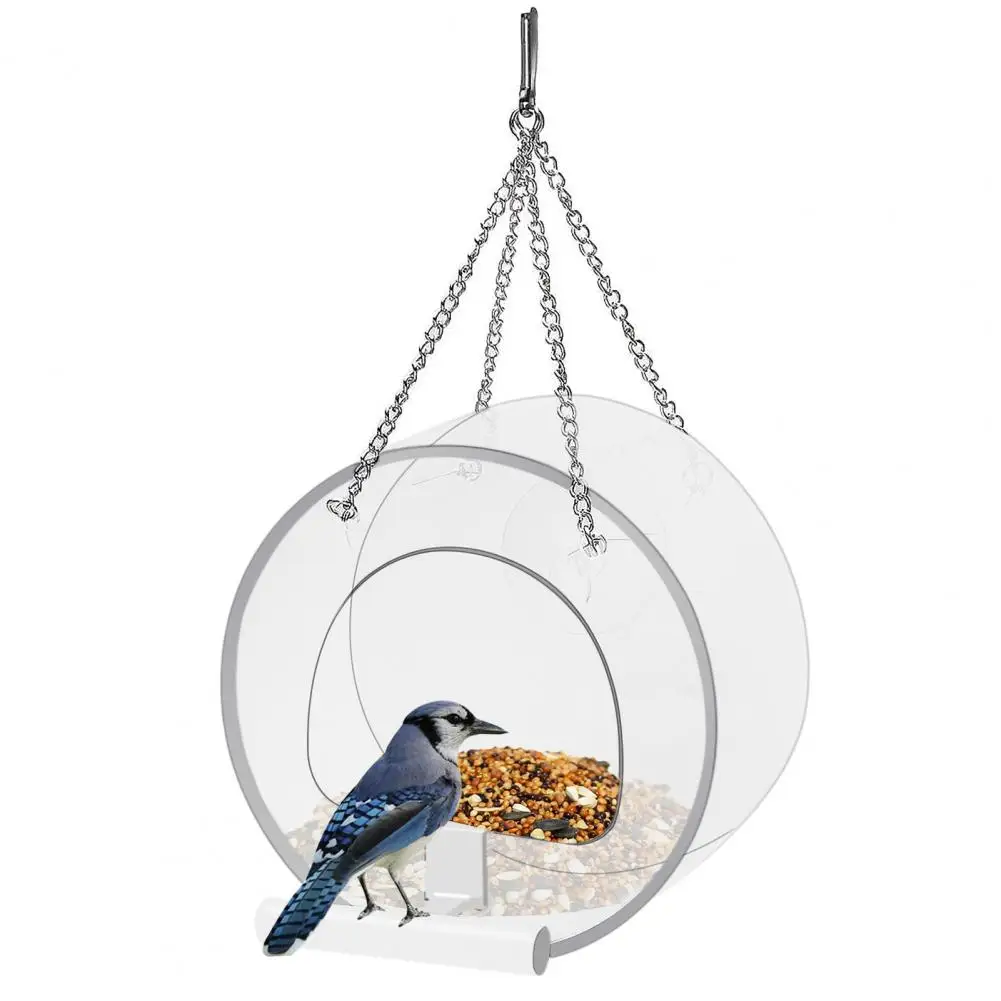 

Removable Round Hanging Window Wild Bird Feeder with Suction Cups Chains Drain Holes for Garden Yard Outside Decoration