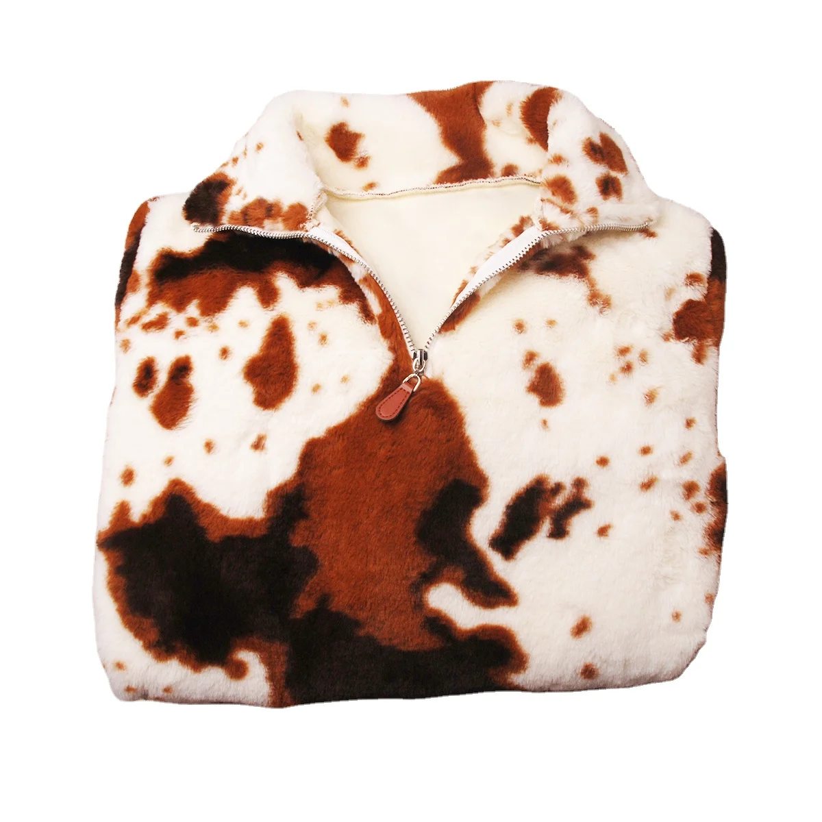 

RTS Brown Women Cow Pattern O-Neck Winter Sherpa Jacket Adult Long Sleeve Flannel Sweater