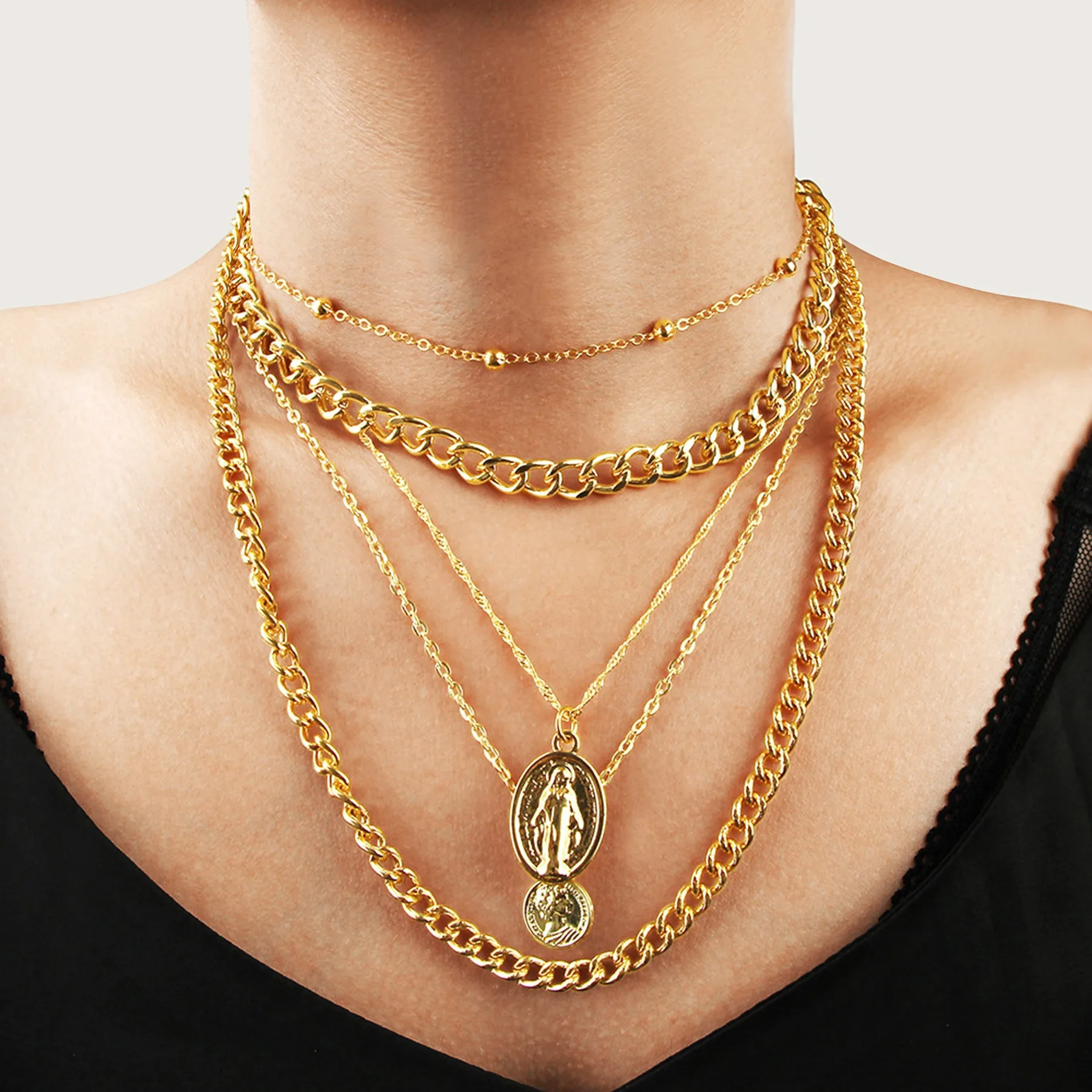 

Fashion Metal Chain Pendant Necklace for Women Vintage Heart Cross Coin Lock Collar Multilayer Gold Necklace Boho Choker Jewelry