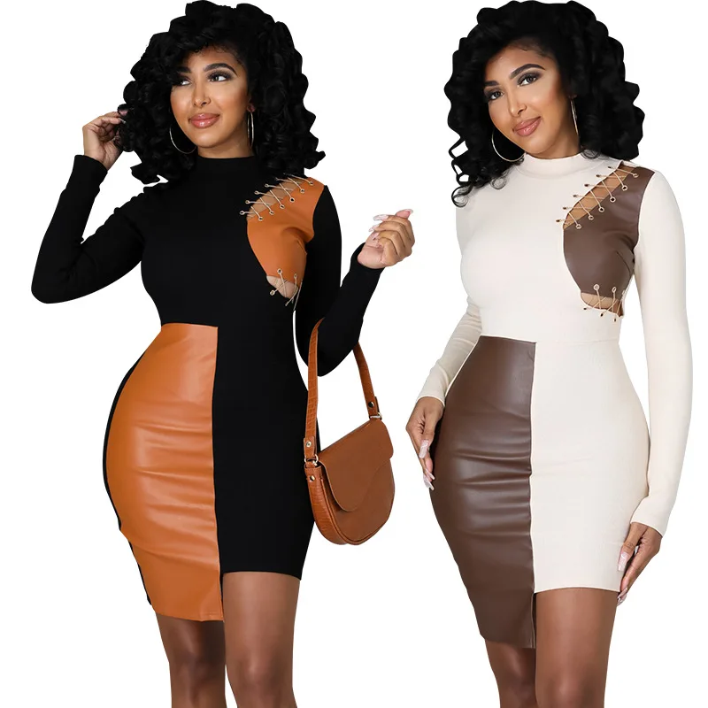 

sexy club wear dresses for woman ladies bandage patchwork PU leather bodycon dresses fall spring new long sleeve clothing