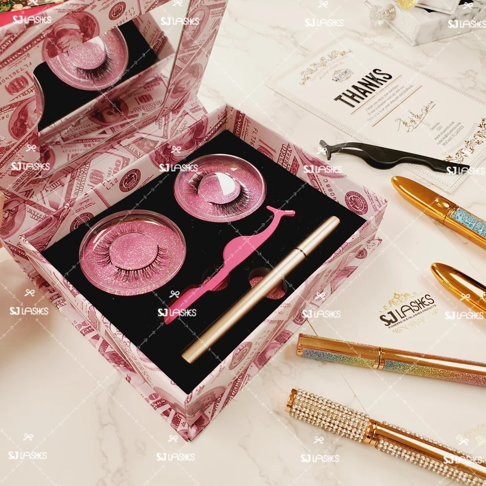 

Magnetic Lash Kit Box With Eyeliner Tweezers 3D Silk/Mink DIY Lashes Bundle Eyelash Packaging Box With Mirror And Own Logo, Natural black 3d mink eyelashes