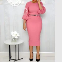 

Slim Pink Mesh Patchwork Beaded Sashes Puff Sleeve Lady Career Dresses