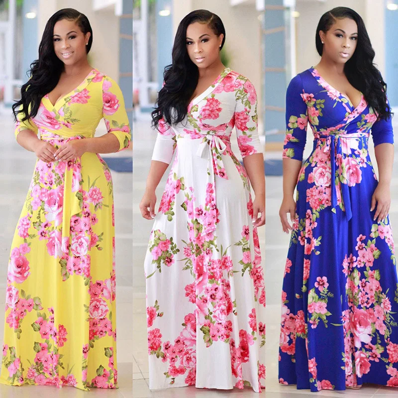 

Plus size women Clothing floral print Long sleeve Maxi African Split Dress for women XXXXXL