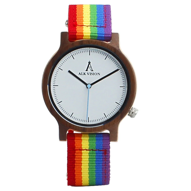 

Rainbow Wooden Quartz Watches LGBT Pride Nature Wood Wristwatches Fashion Rainbow Nylon Canvas Casual Clocks Dropshipping
