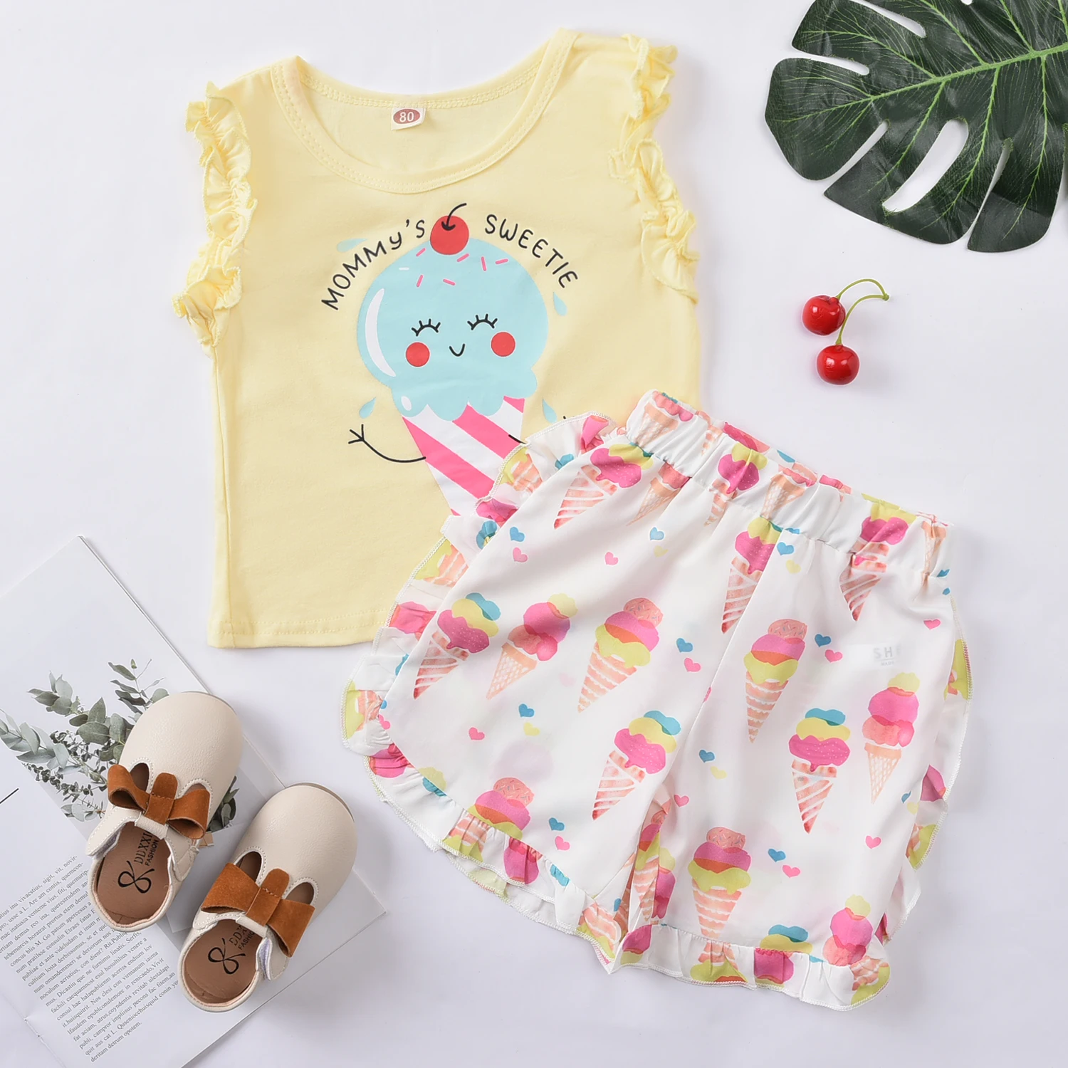 

Lovely Kid Baby Girls Feather Clothes Sets Summer Sleeveless Tops spants 2pcs Outfits Fashion Clothing 1-5Years