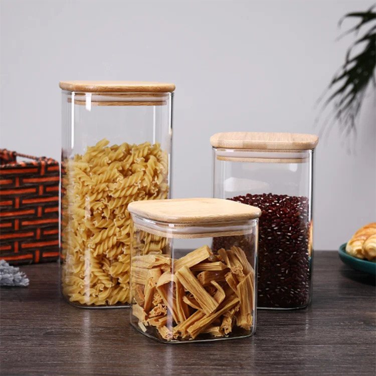 

Airtight high borosilicate Square Glass Food Container Storage Jars With Bamboo Lid, Transparent