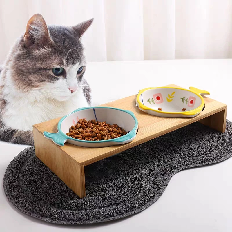 
custom madeCat bowl bamboo rack hand color ceramic double bowl Pet bowl protect cervical china manufacturer 