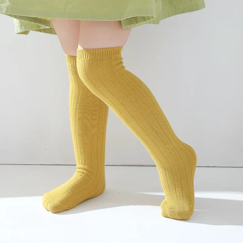 

2021 new autumn solid color cotton ribbed kids socks unisex knee high socks for children