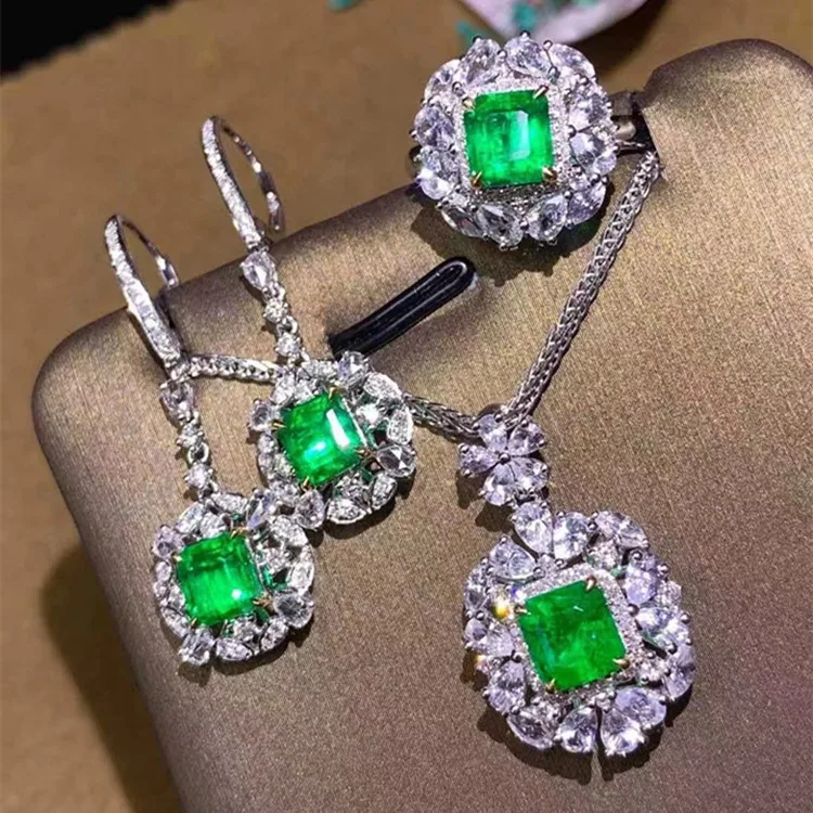 

SGARIT precious luxury 18k gold real diamond Vivid Green natural gemstone Zambia emerald ring pendant earrings jewelry set