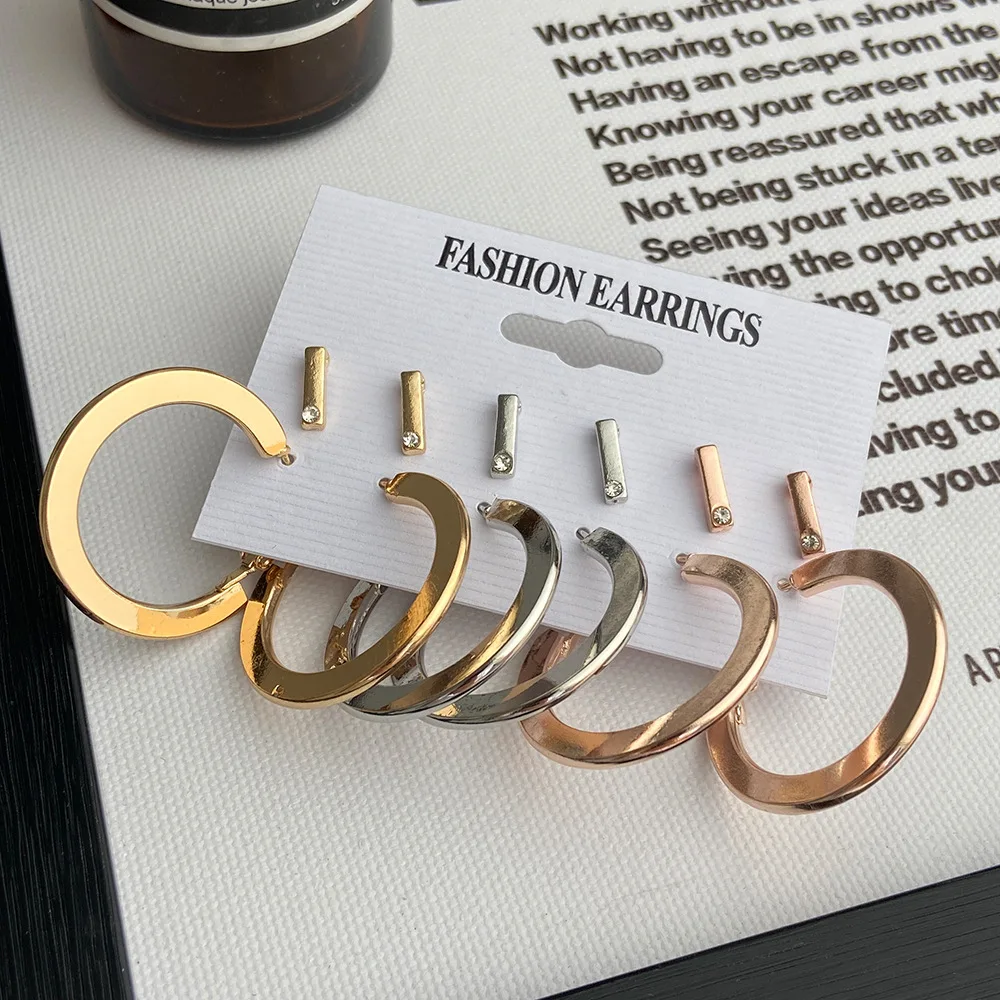 

Minimalist Metal 3 Colors Plating Hoop Earrings set Alloy Stud Pack Earrings for Women Jewelry, Gold plated