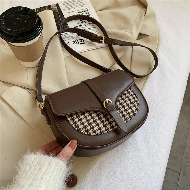 

2021 fashion women hand bags houndstooth saddle messenger bag casual women bags purses ladies wholesales sac a main, Khaki black