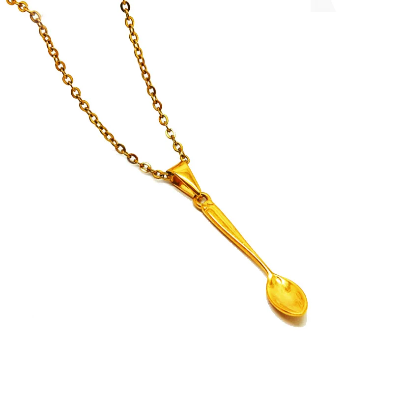 

New Gold Silver Spoon Pendant Necklace Tableware Jewelry Women 18K Gold Plated Mini Tea Spoon Necklace with Rolo Link Chain