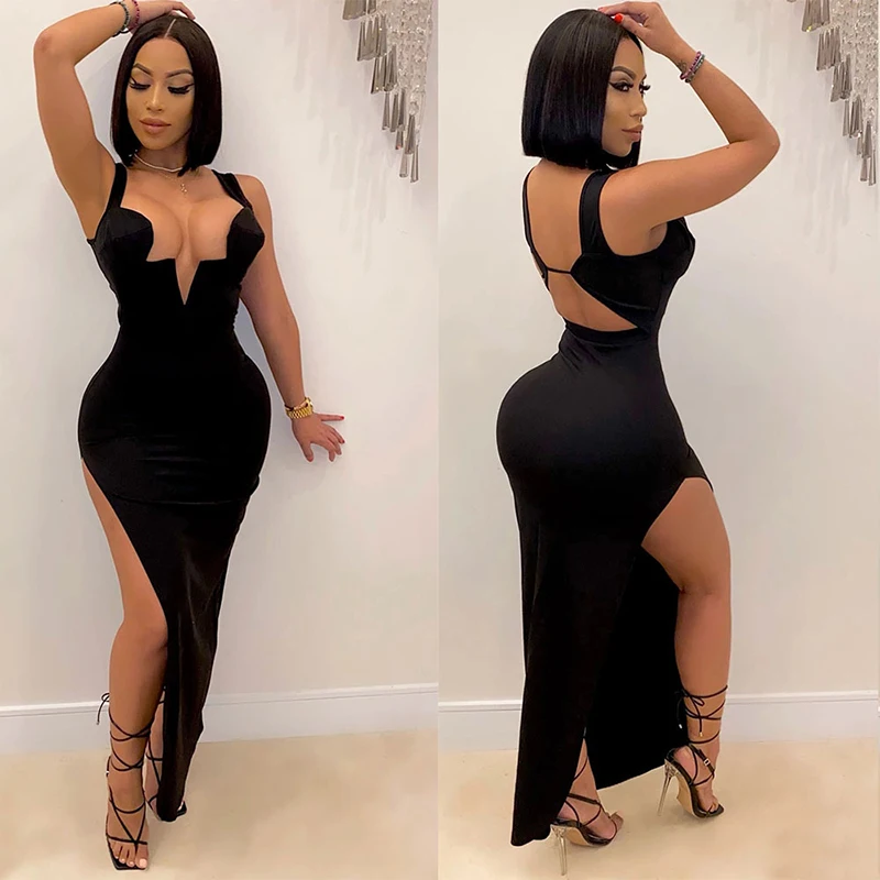 

Hot Sale Black Shoulder Strap Backless Split Dress Women's Sexy Long Dress Ladies Party Club Clothes