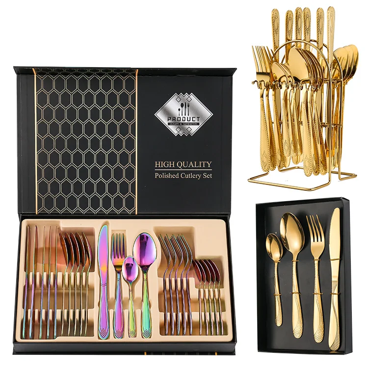 

Amazon 24 Piece Cutlery Set Flatware Spoon Forks Knives Stainless Steel Gold Silverware With Stand And Gift Box, Silver/gold/black/rainbow