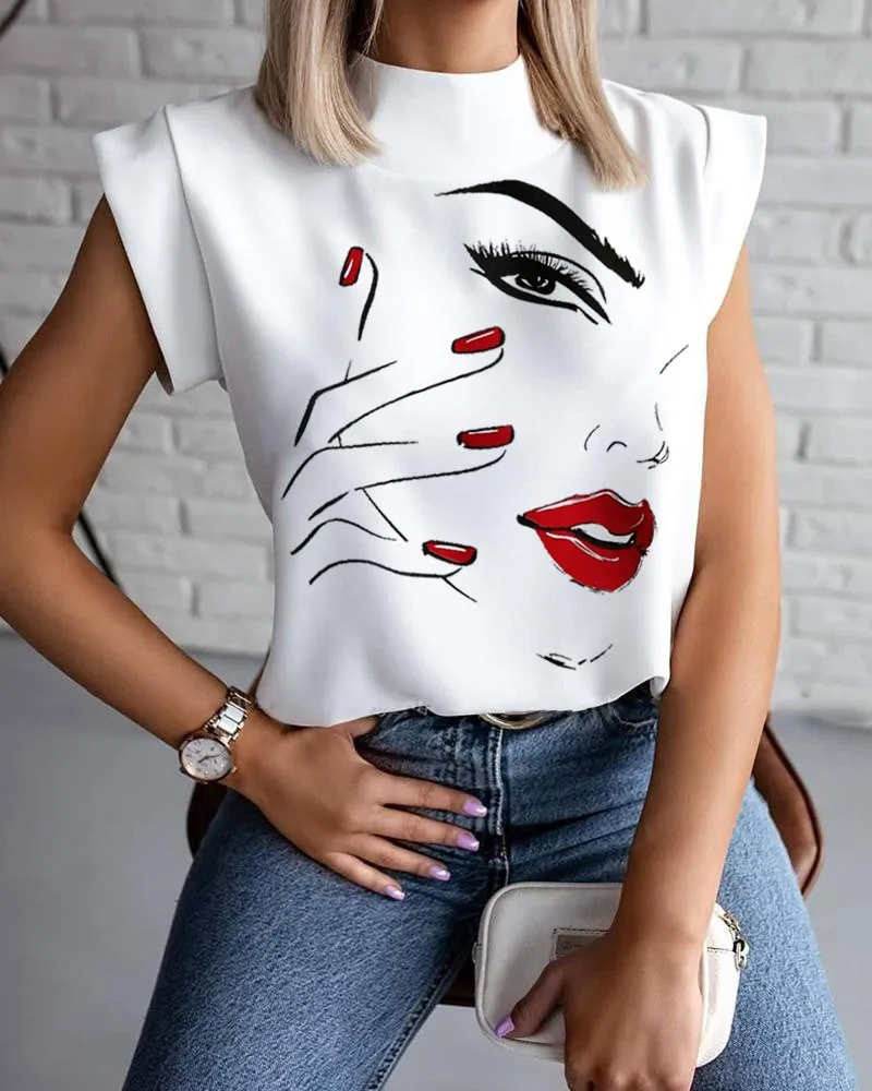 

Lip Print Loose Womens Tshirts Summer Stand Neck Streetwear Sleeveless Casual T Shirts Lady, 11 colors