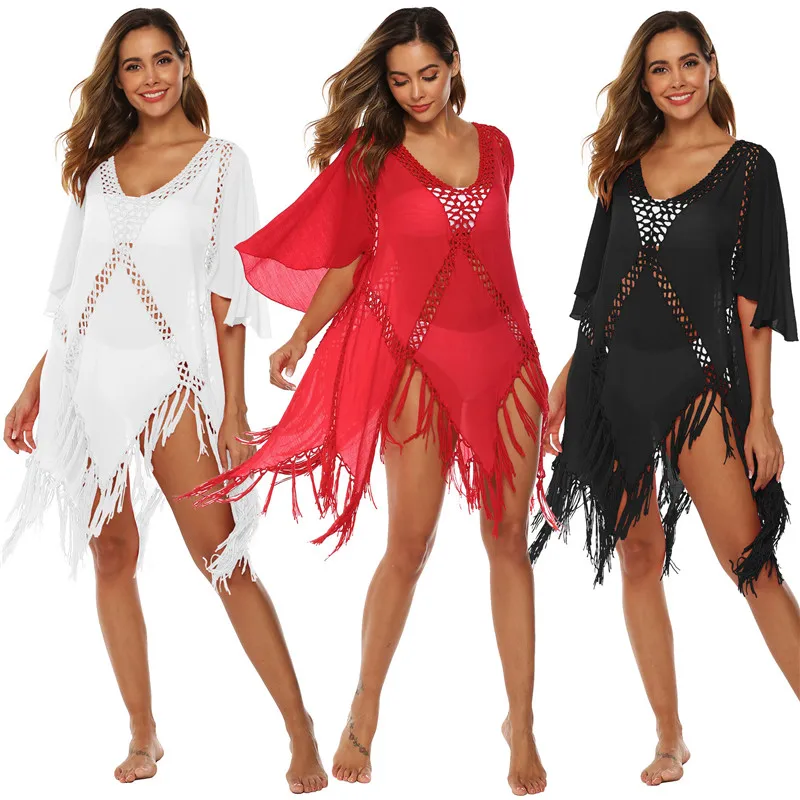 

Bohemian Deep V Neck Crochet Tassel Cover Up Beach Clothes Dress Vestidos De Playa Sexy Young Girl Beach Wear Dresses, White/red/black