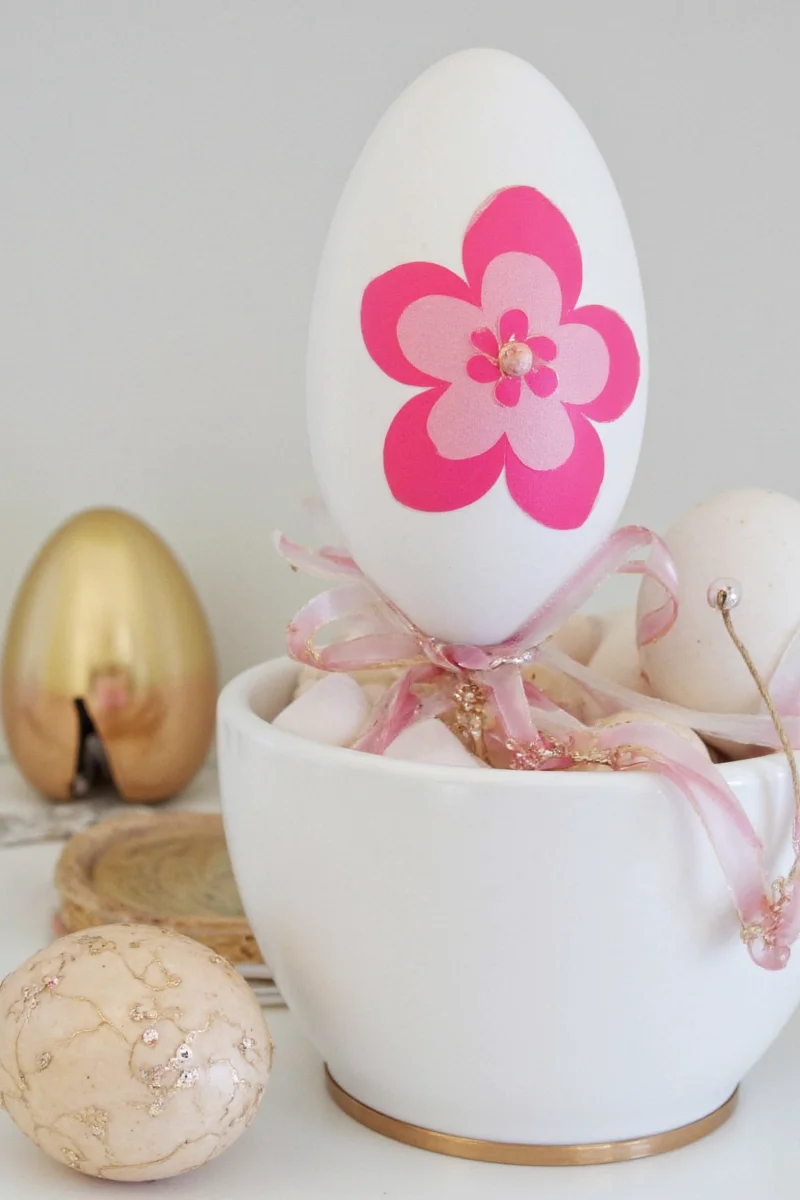 Colorful Easter eggs displayed on a wooden table