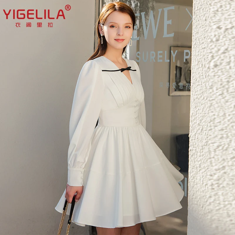 

YIGELILA 2021 Summer Women's White Casual Dress Elegant Pleated Long Sleeve Holiday Dress Dinner Party Evening Dress