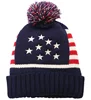 Unisex Men Women Jacquard Embroidery American Flag Cable Knit Winter Beanie top ball Hats pom pom Beanie