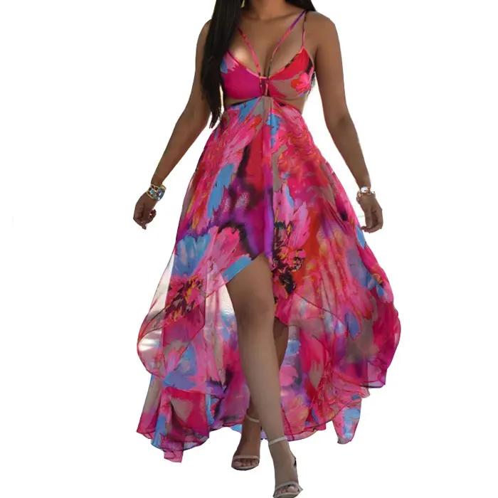 

Bohemian style woman beach dress floral printed deep neck spaghetti strap maxi dress ladies sexy chiffon beach dress
