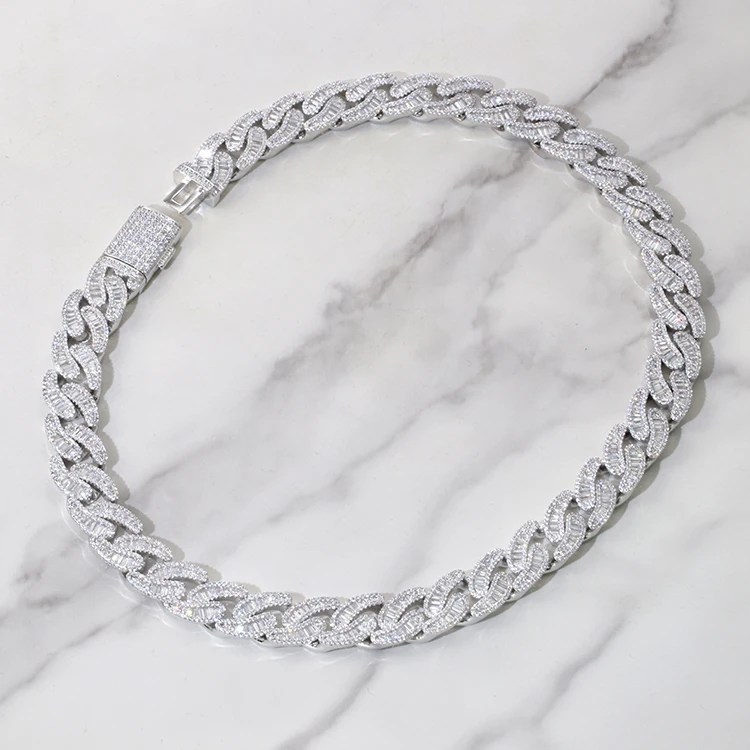 

New Fashion Baguette Chain Fine Jewelry 15mm Width 925 Solid Silver GRA Baguette Moissanite Cuban Link Chain Hip Hop Necklace