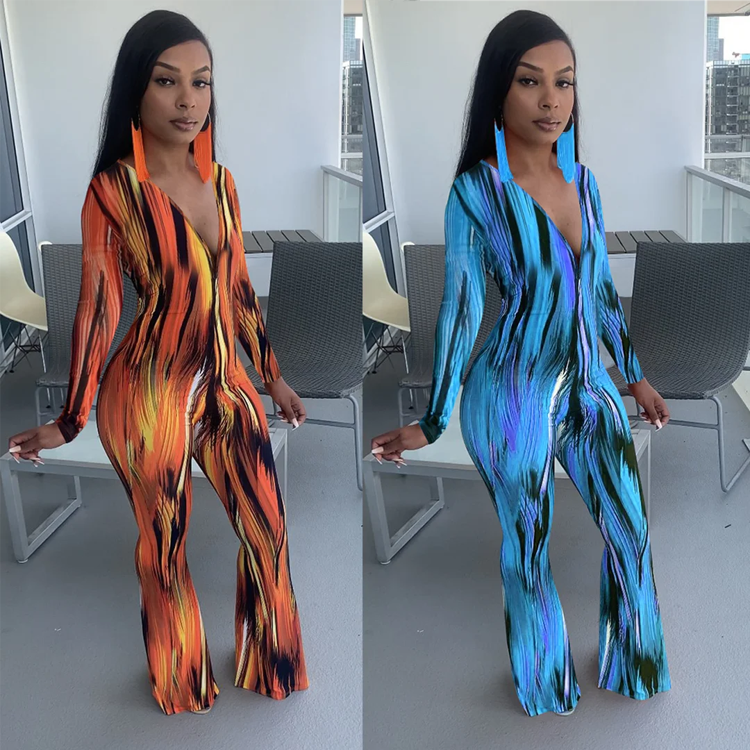 

Women's autumn 2021 new milk silk screen dyed long sleeve jumpsuit sexy woman bodysuits