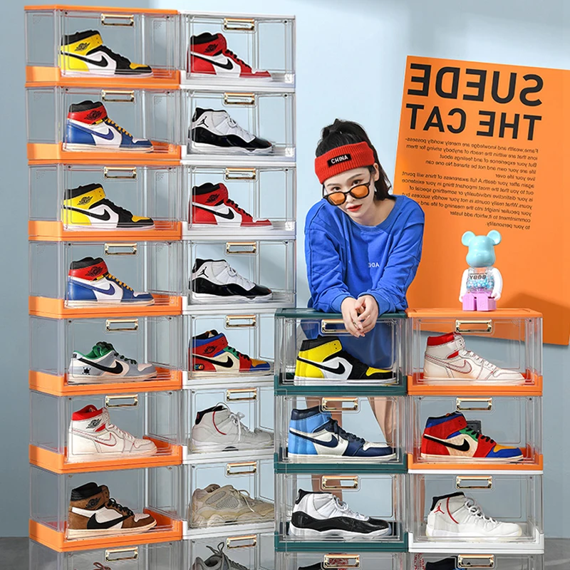 

Transparent Dust-proof And Moisture-proof Shoe Box Side Opening Oxidation-proof Stackable Magnetic Shoe Rack, White orange yellow