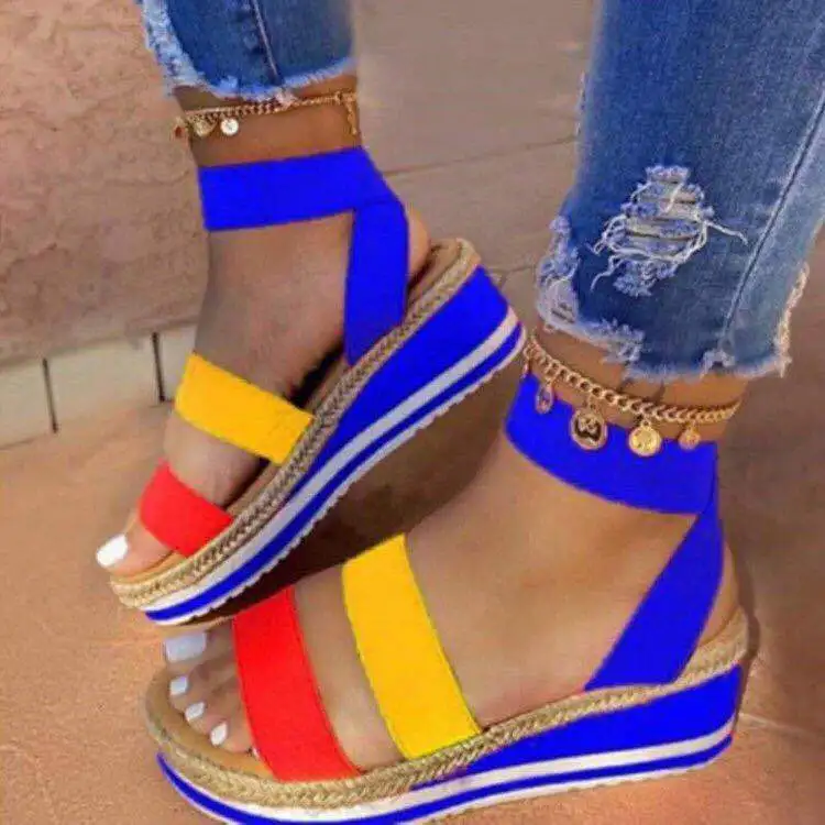 

SD-207 hot sell colorful double cross strap ankle buckle sandals for women wedge platform straw weaving sole beach sandals women, Picture show , squine colors