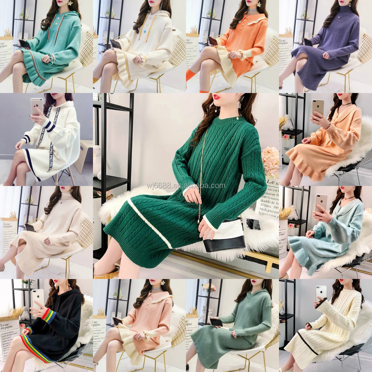 

Women's autumn winter knitted o-neck long turtle neck dress women sweater