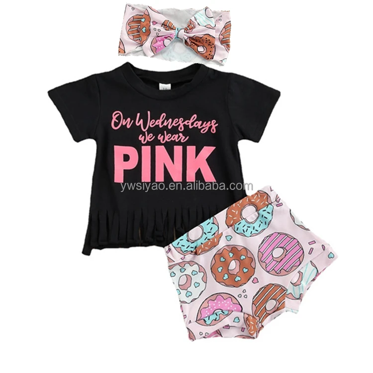 

2022 Summer Toddler Girl Clothes Set Letter Print Fringe T-shirt+Bloomers+Headband Milk Silk Fabric 3 Piece Outfits Kids Clothes, Black